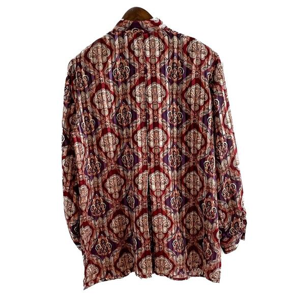 Vintage crinkle pleated collarless metallic medallion print blouse size LP - Picture 5 of 8